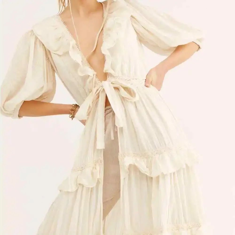 Mable Lindo Robe Dress Womens Large Cream Cotton Ruffle Cottagecore Coastal Chic
